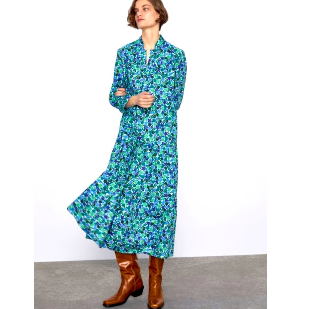 Zara green floral print dress size Large